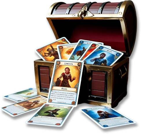 Fantasy trading cards inside an open chest.